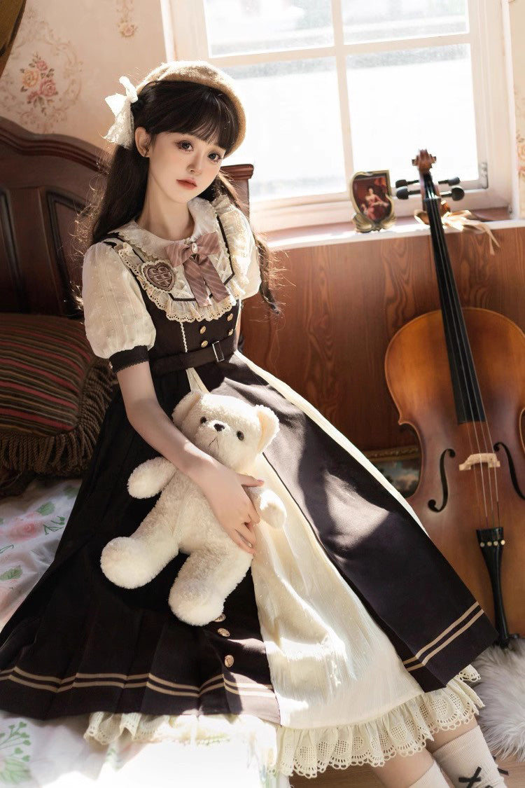 Black/White Chocolate Workshop Long Version Elegant Short Puff Sleeves Sweet Lolita Dress