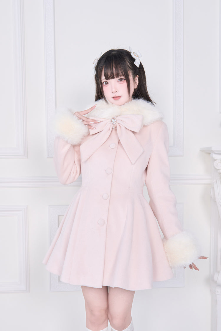 Pink Plush Collar Long Sleeves Bowknot Japanese Sweet Lolita Coat