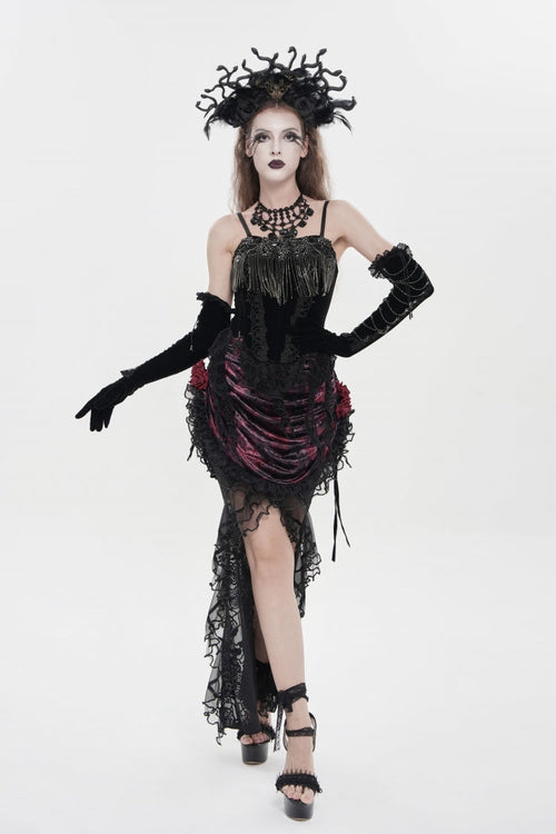 Black/Red Embroidered Rose Lace-up Irregular Women's Gothic Hem Skirt