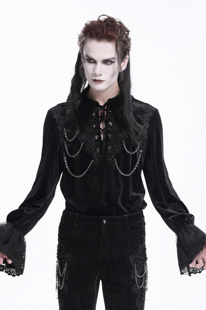 Black V Collar Long Sleeves Lace-Up Chain Men's Gothic Blouse