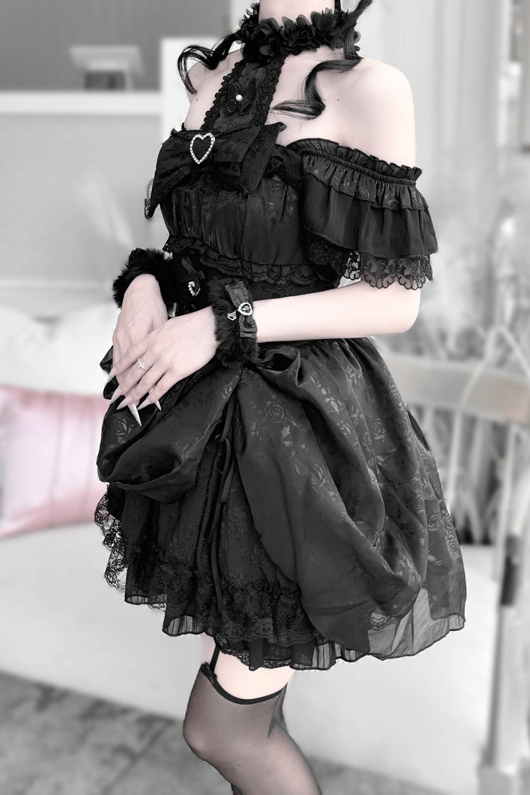 Black [Rose Dream] Halterneck Short Sleeves Print Ruffle Bowknot Lace Gothic Jirai Kei Dress