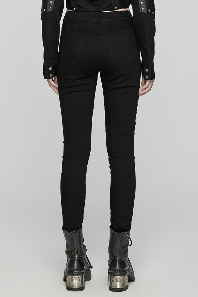 Black Triangular Stitching Mesh Buckle Women's Punk Pants