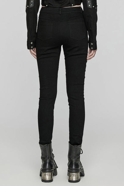 Black Triangular Stitching Mesh Buckle Women's Punk Pants