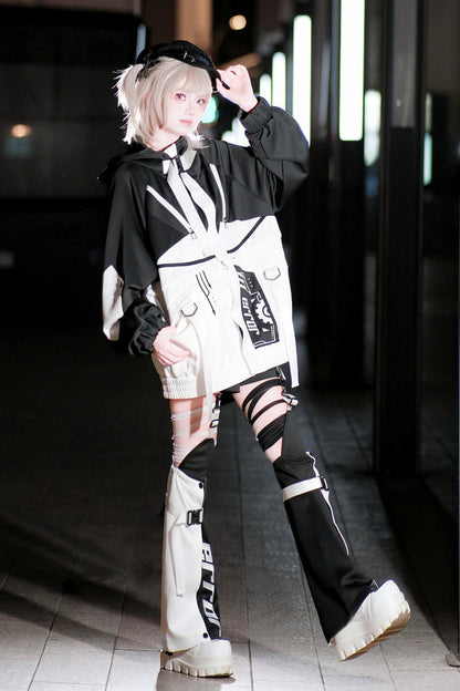 Black/White [Zero-Type Transformation] Techwear Long Sleeves Embroidered Hooded Punk Jirai Kei Shorts Coat Set