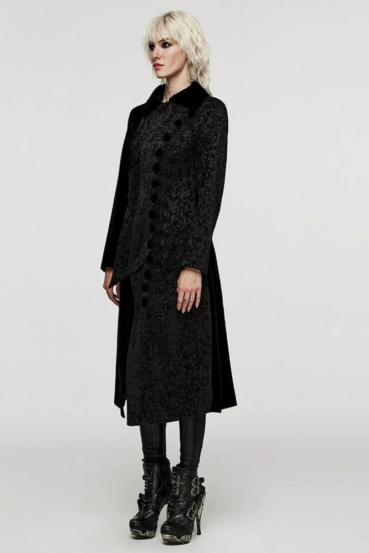 Black Stand Collar Jacquard Print Stitching Womens Gothic Coat