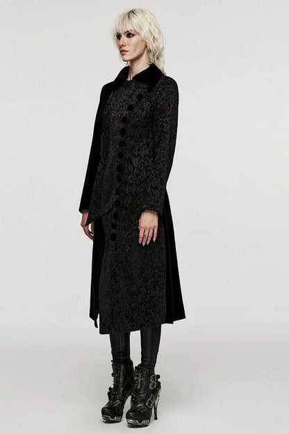 Black Stand Collar Jacquard Print Stitching Womens Gothic Coat
