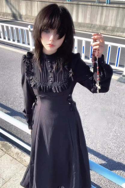 Black Stand Collar Long Sleeves Ruffled Lace-Up Gothic Lolita Dress