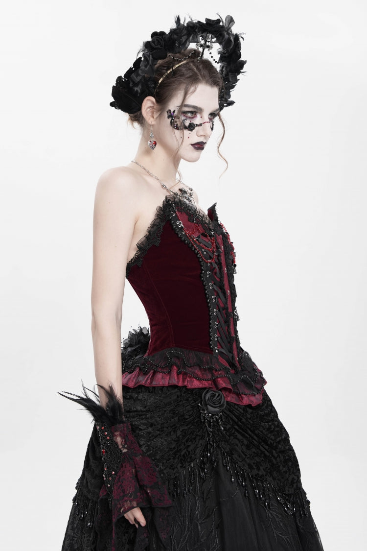 Red Sleeveless Beaded Lace Lace-Up Women's Gothic Overbust Corset