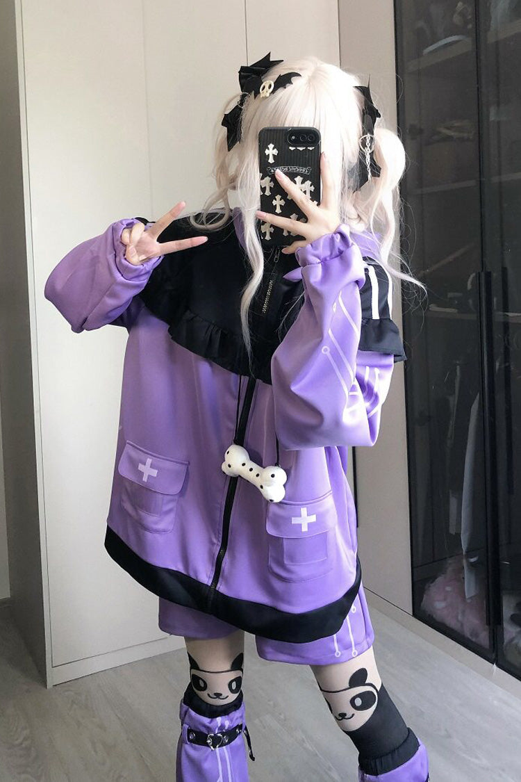 Purple Long Sleeves Cat Ears Hooded Jirai Kei Japanese Shorts Coat Set