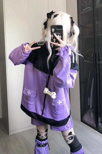 Purple Long Sleeves Cat Ears Hooded Jirai Kei Japanese Shorts Coat Set