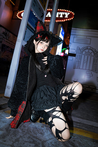 Black/Red [Night Cat] Plaid Print Ruffle Bowknot Hooded Sweet Lolita Skirt Coat