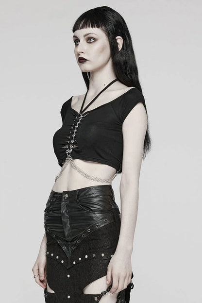 Black Short Sleeves Hollow Metal Chain Womens Steampunk Halterneck T-Shirt