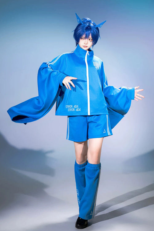 Blue [Network Error] Stand Collar Long Trumpet Sleeves Ouji Gothic Functional Style Japanese Prince Lolita Coat Shorts Set