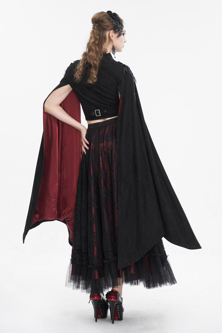 Black Stand Collar Floral Embroidered Women's Gothic Shirt Cloak
