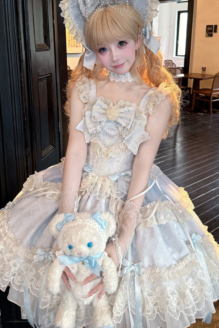 Blue [Blossoming Heart Love ] Sleeveless Dark Jacquard Print Bowknot Lace Sweet Lolita Jsk Dress
