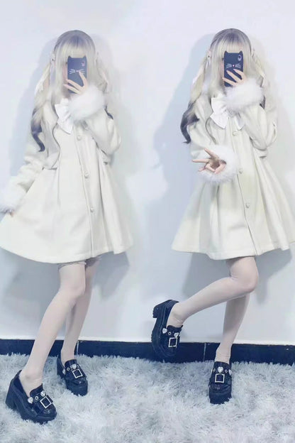 Plush Lop Rabbit Long Sleeves Hooded Detachable Sweet Jirai Kei Lolita Coat 2 Colors