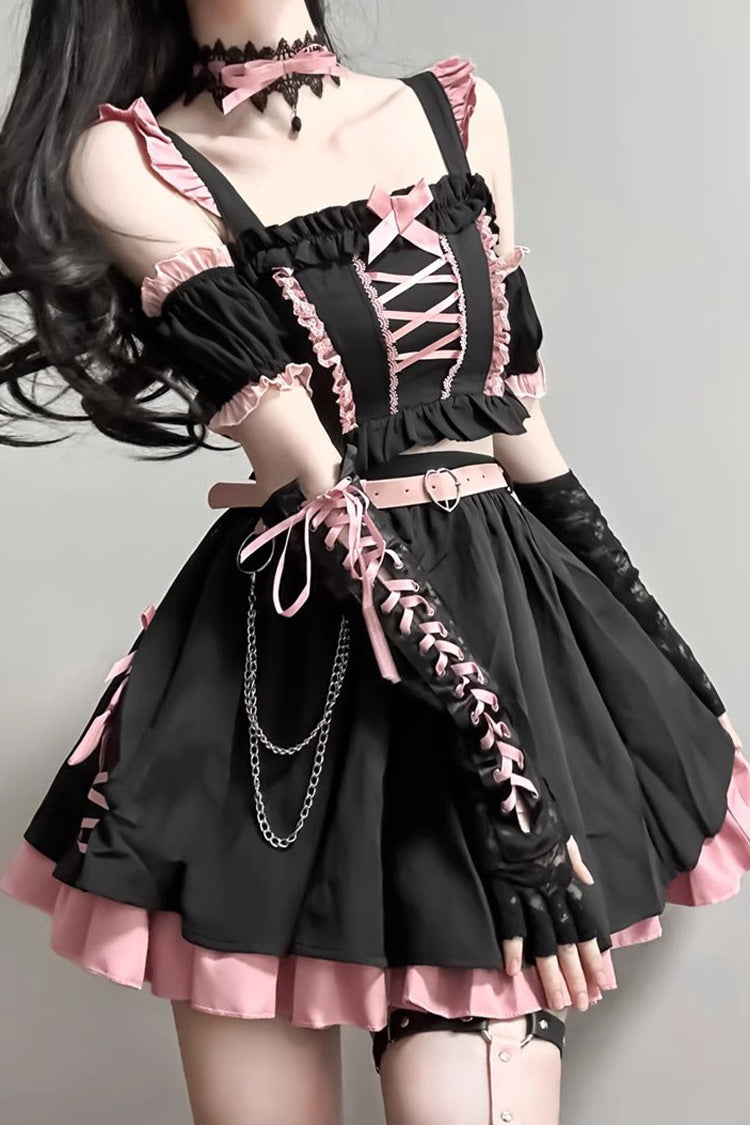 Black/Pink Tie Bow Gothic Sweet Lolita Strapless Skirt Dress 2 Pieces Set