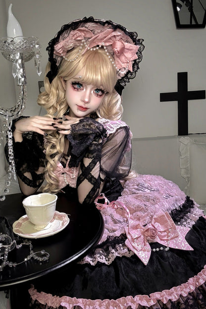 Black/Pink [Rose Princess] Sleeveless Ruffle Bowknot Lace Lace-Up Sweet Ballet Lolita Jsk Dress
