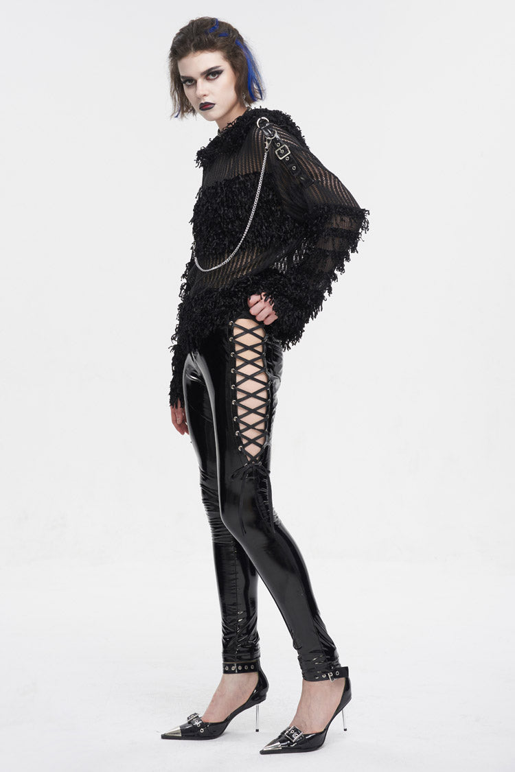 Black Segmented Mesh Matching Chain Women's Punk Hooded Sweater