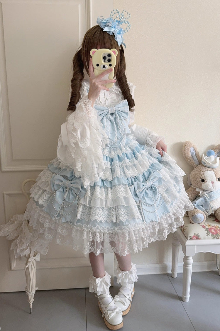 Blue [Knot of the Crossed Heart] Sleeveless Multi-Layered Ruffle Hanayome Cardigan Bowknot Lace Lace-Up Sweet Lolita Jsk Dress