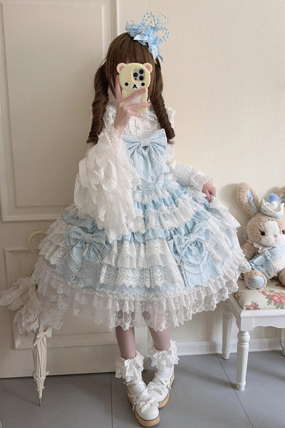 Blue [Knot of the Crossed Heart] Sleeveless Multi-Layered Ruffle Hanayome Cardigan Bowknot Lace Lace-Up Sweet Lolita Jsk Dress