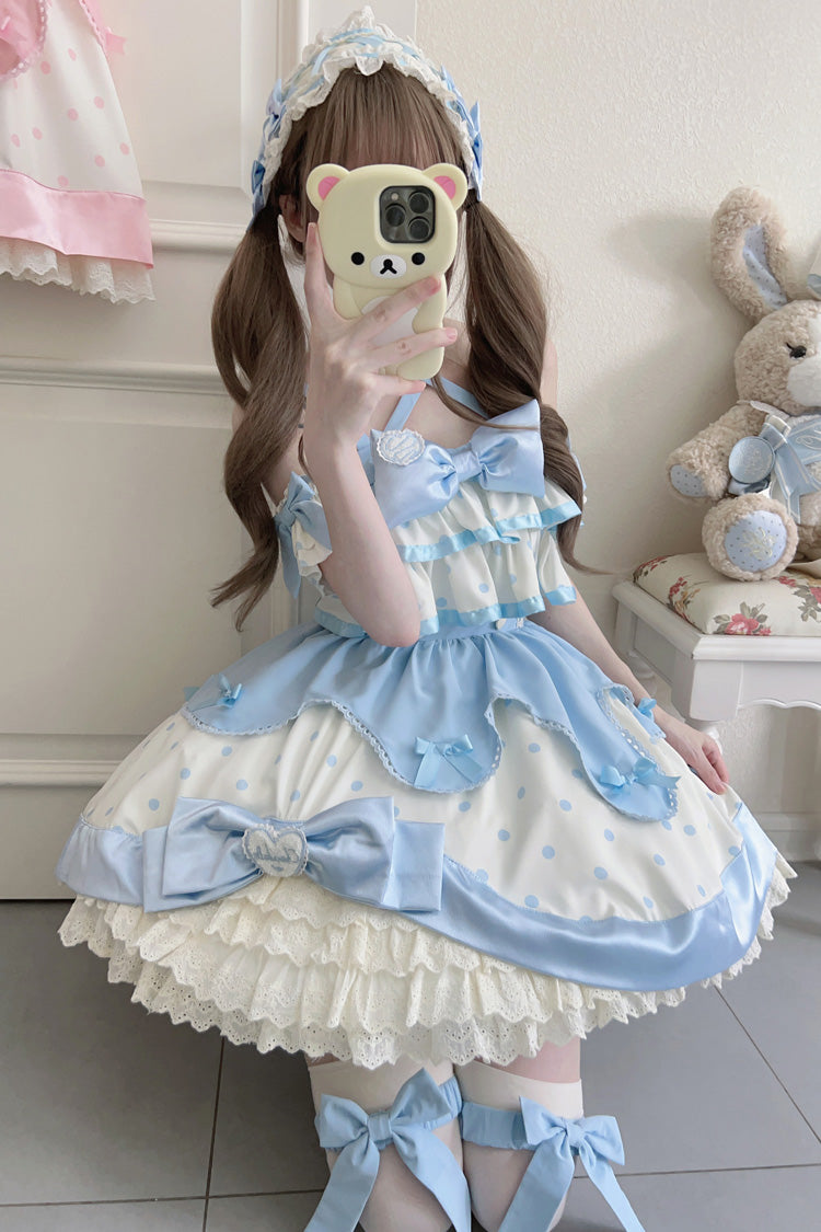 Blue Cream Multi-Layered Polka Dots Print Ruffle Bowknot Sweet Lolita Jsk Dress