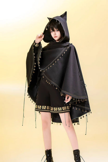 Black [Black Cat] Embroidery Cat Ears Hooded Ouji Gothic Prince Handsome Lolita Cloak