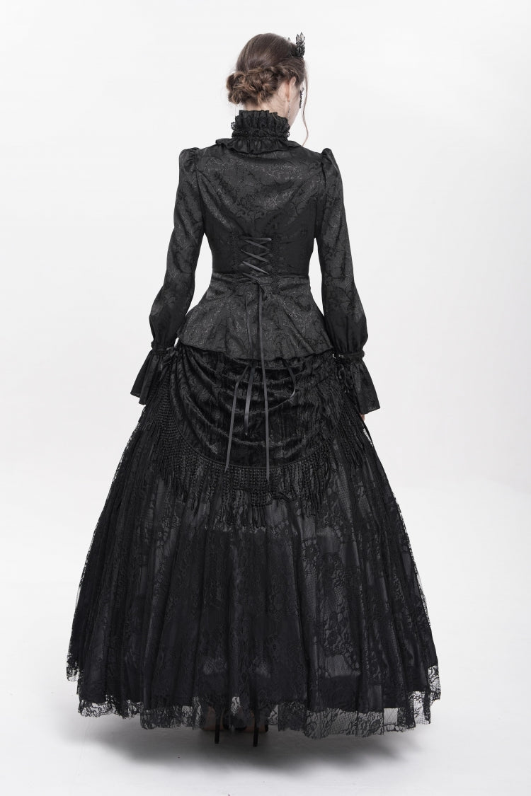 Black Stand Collar Long Sleeves Jacquard Hollow Lace Women's Gothic Blouse