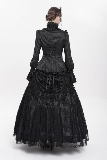 Black Stand Collar Long Sleeves Jacquard Hollow Lace Women's Gothic Blouse