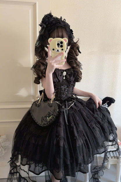 Black [Eternal Vow] Sleeveless Multi-Layered Ruffle Hanayome Bowknot Lace Lace-Up Gothic Lolita Jsk Dress
