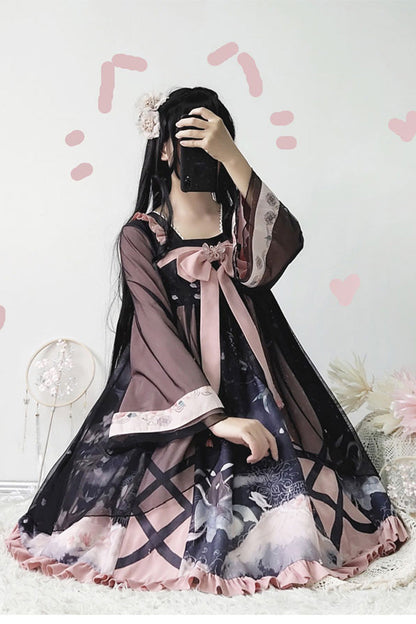 Black/Pink Chinese Style Long Sleeves Chest Bow Chiffon Sweet Lolita OP Dress