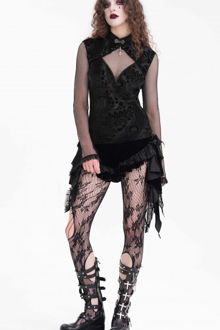 Black Stand Collar Hollow Embroidery Lace Women's Gothic Blouse