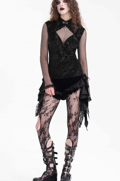 Black Stand Collar Hollow Embroidery Lace Women's Gothic Blouse