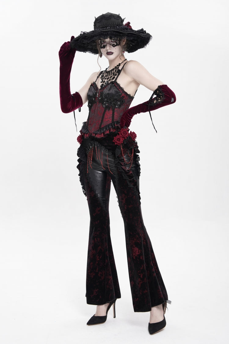 Black/Red  Ruffled Spliced Women's Gothic Floral Faux Leather&Velvet Ruffle Pants