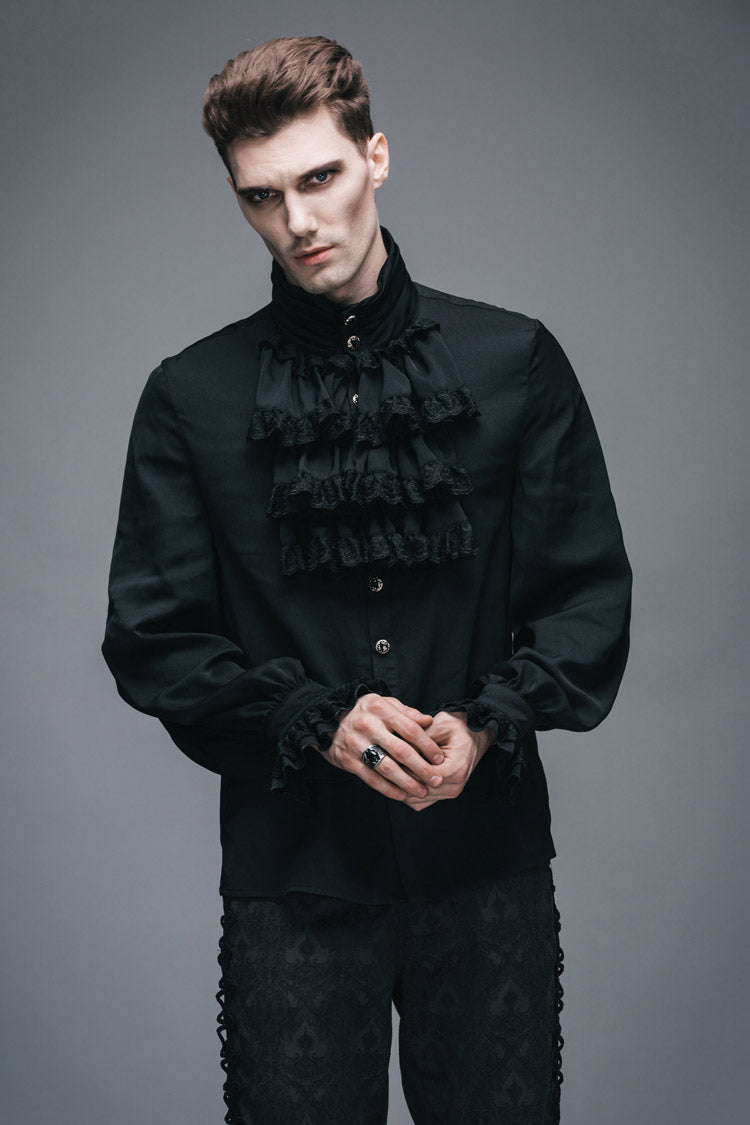 Black Ruffled Lace Button-Up Micro-bullet Chiffon Long Sleeve Men's Gothic Shirt