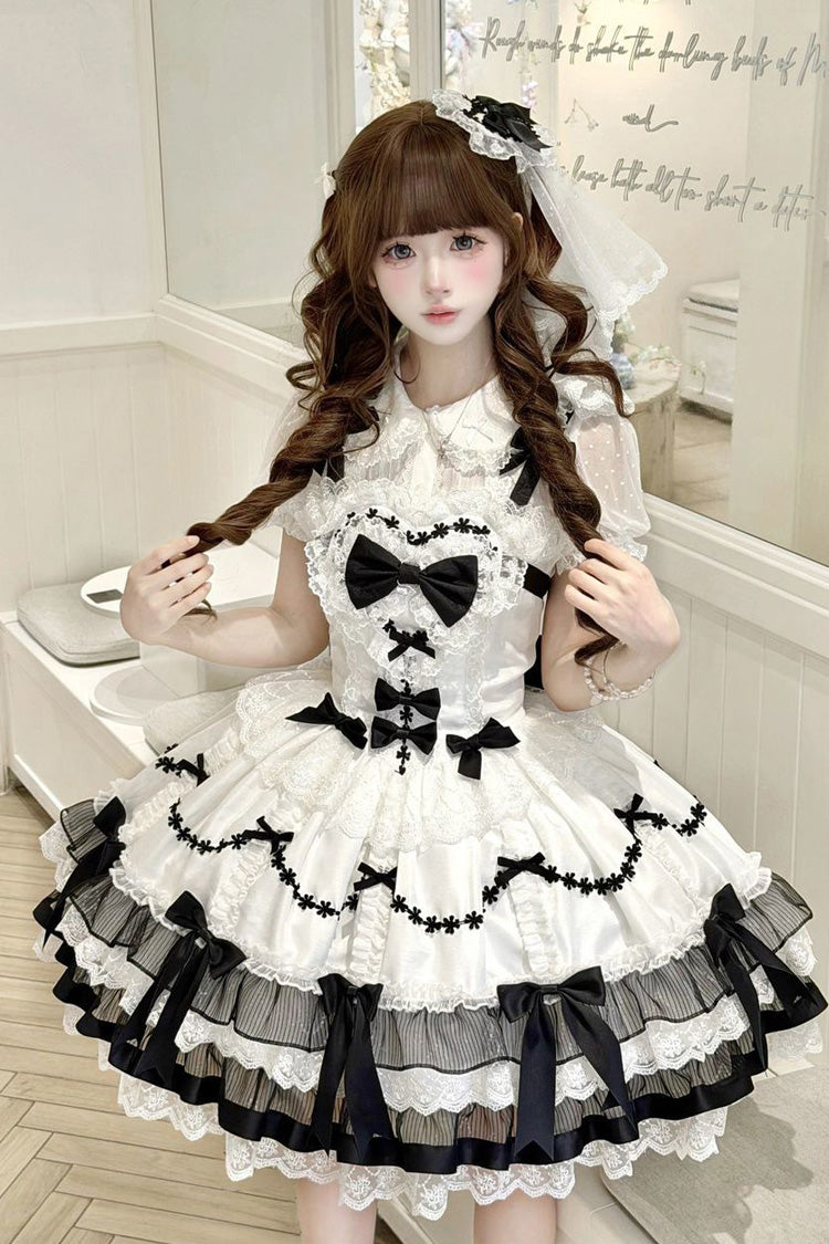 Black/White [Scarlet Heart Cocoa] Sleeveless Triple-Layered Ruffle Embroidery Bowknot Lace Sweet Lolita Jsk Dress