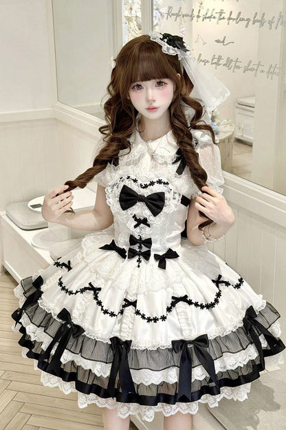 Black/White [Scarlet Heart Cocoa] Sleeveless Triple-Layered Ruffle Embroidery Bowknot Lace Sweet Lolita Jsk Dress