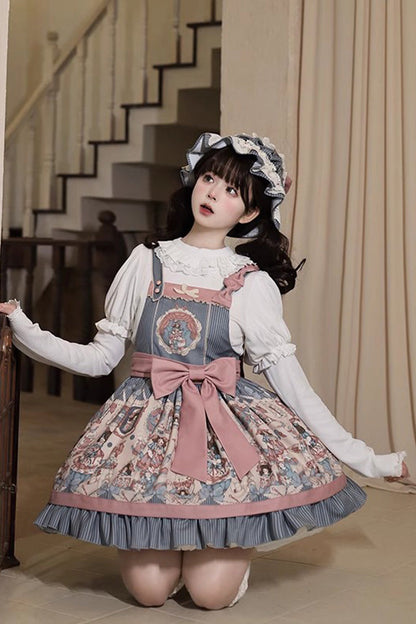 Blue Doll Print Ruffle Bowknot Sweet Lolita Strap Dress