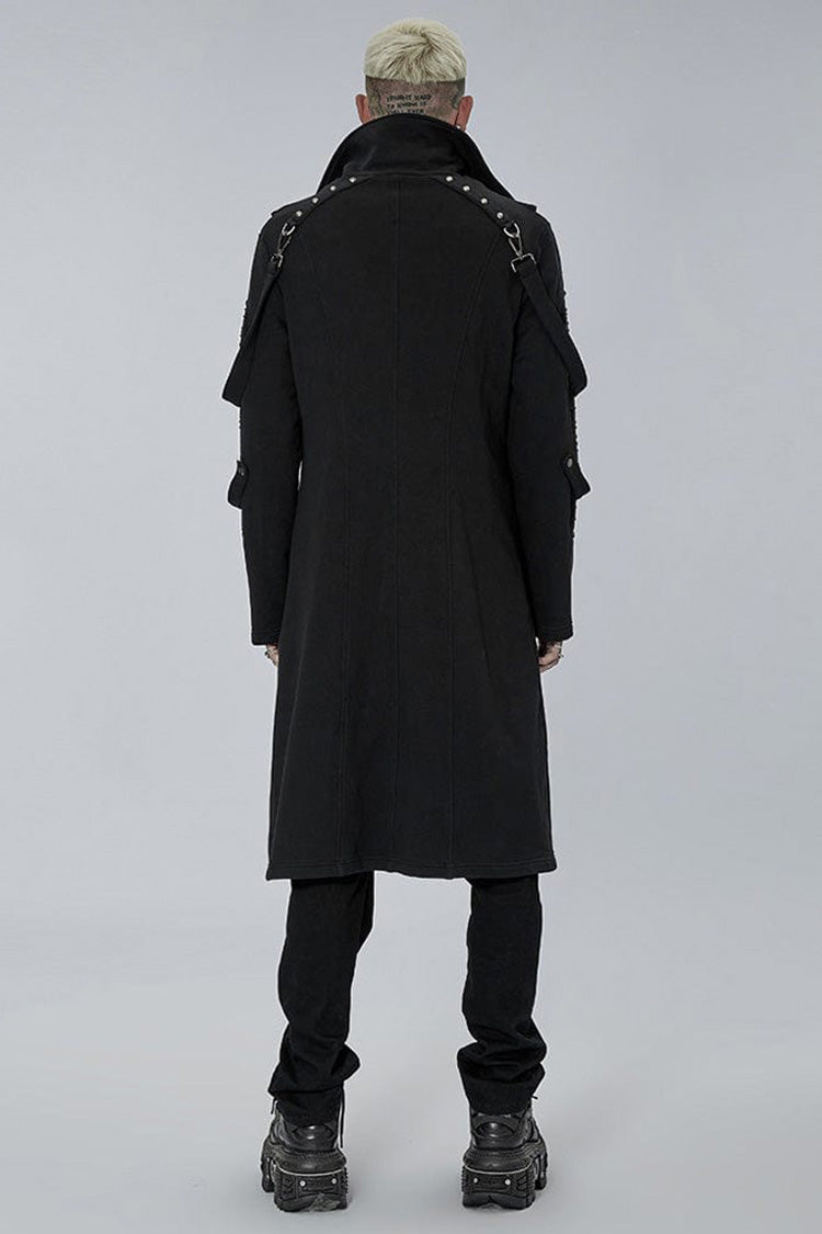 Black Punk Asymmetry High Collar Placket Metal Shoulder Detachable Webbing Men's Knitted Coat