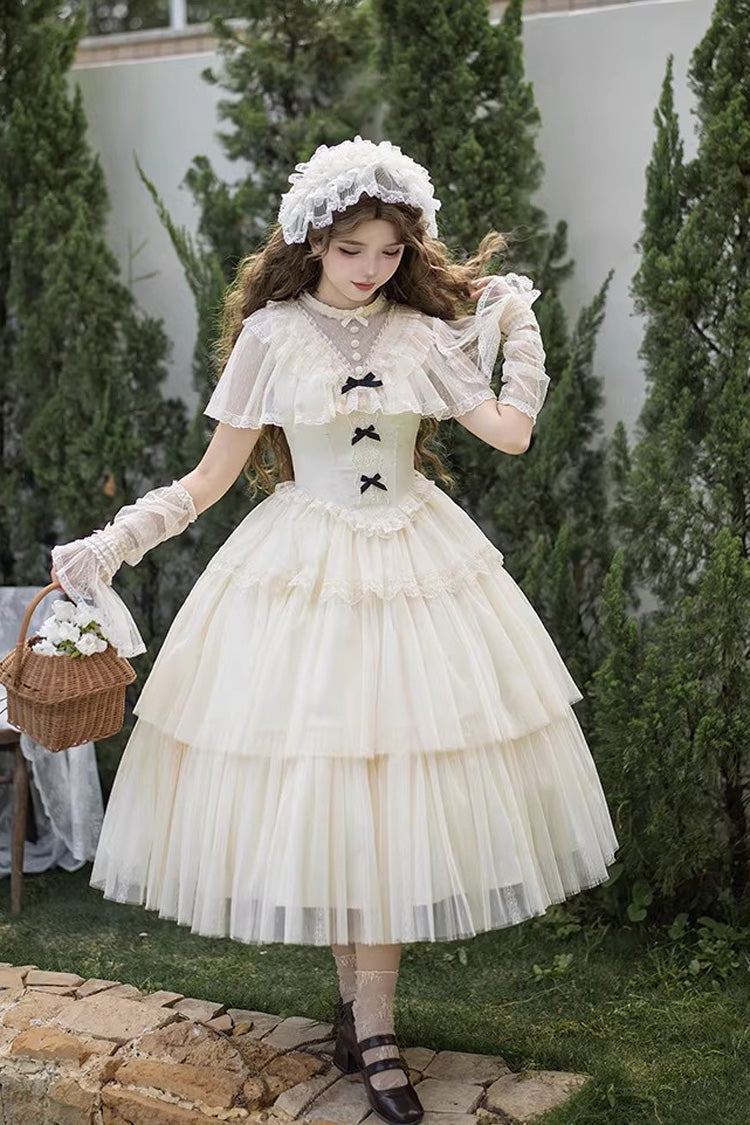 Ivory [The Oath of White Mist] Edwardian Collar Long Sleeves Multi-Layered Ruffled Bow Lace Fishbone Sweet Lolita Dress 2 Versions