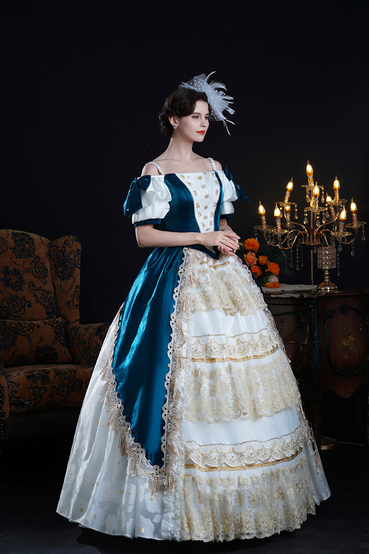 Blue/Apricot Off Shoulder Short Sleeves Ruffle Cardigan Bowknot Lace Classic Princess Palace Lolita Victorian Dress