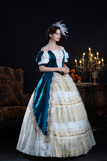 Blue/Apricot Off Shoulder Short Sleeves Ruffle Cardigan Bowknot Lace Classic Princess Palace Lolita Victorian Dress
