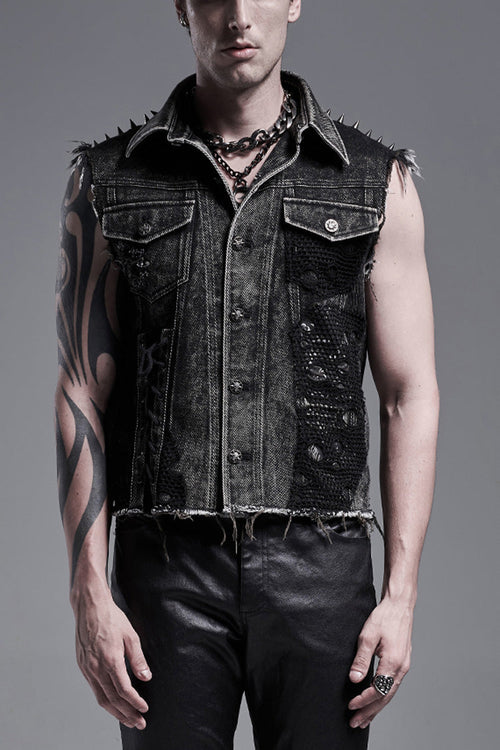 Black Rivets Lapel Collar Sleeveless Mens Steampunk Vintage Denim Vest