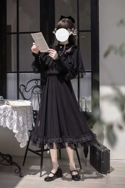 Black [Enchanted Nightdream] Long Sleeves Bowknot Lace Gothic Elegant Lolita Dress