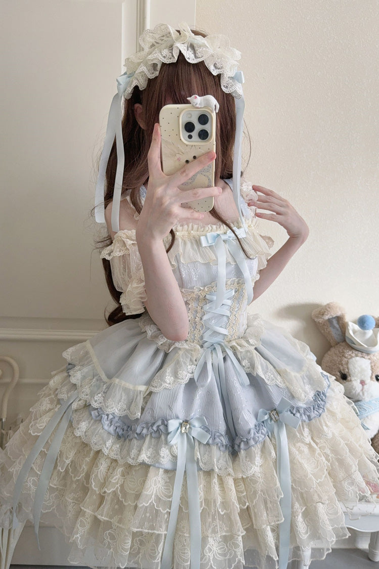 Blue [Ribbon Heart Love] Sleeveless Multi-Layered Ruffle Bowknot Lace Lace-Up Sweet Princess Ballet Lolita Jsk Dress