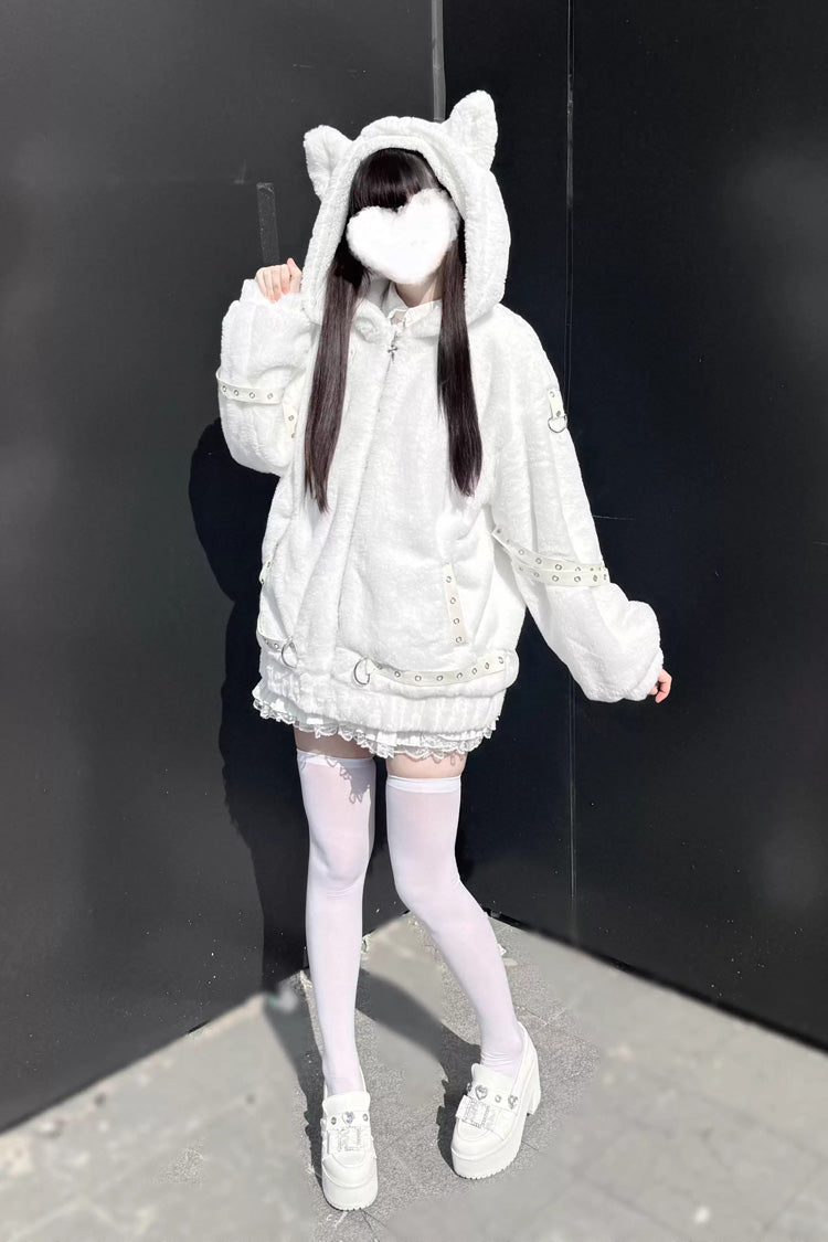 [Night Hunter] Cat Ear Long Sleeves Hooded Zippered Jirai Kei Coat 2 Colors
