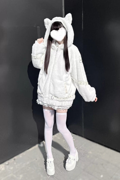 [Night Hunter] Cat Ear Long Sleeves Hooded Zippered Jirai Kei Coat 2 Colors