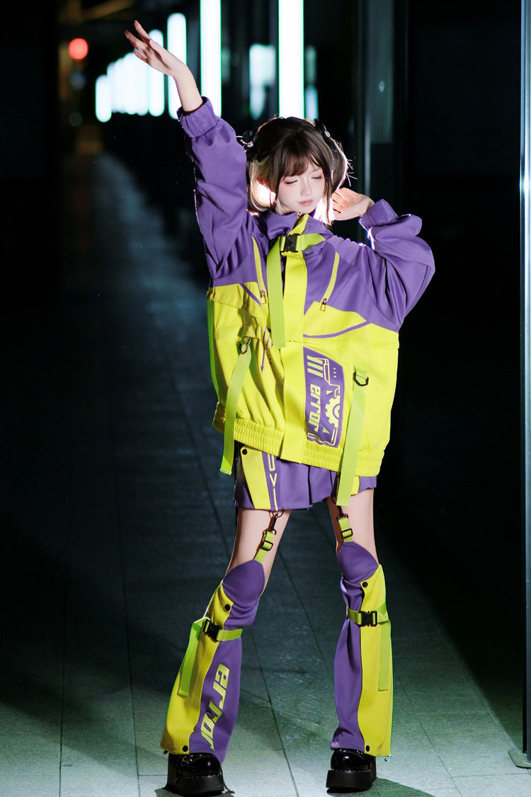 Neon Purple/Green [Zero-Type Transformation] Techwear Long Sleeves Embroidered Hooded Punk Jirai Kei Shorts Coat Set