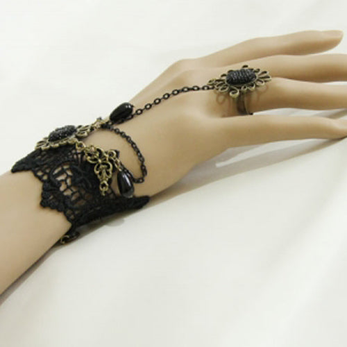 Black Retro Christmas Festive Lace Edge Pearl Wishing Female Gothic Lolita Ring Bracelet