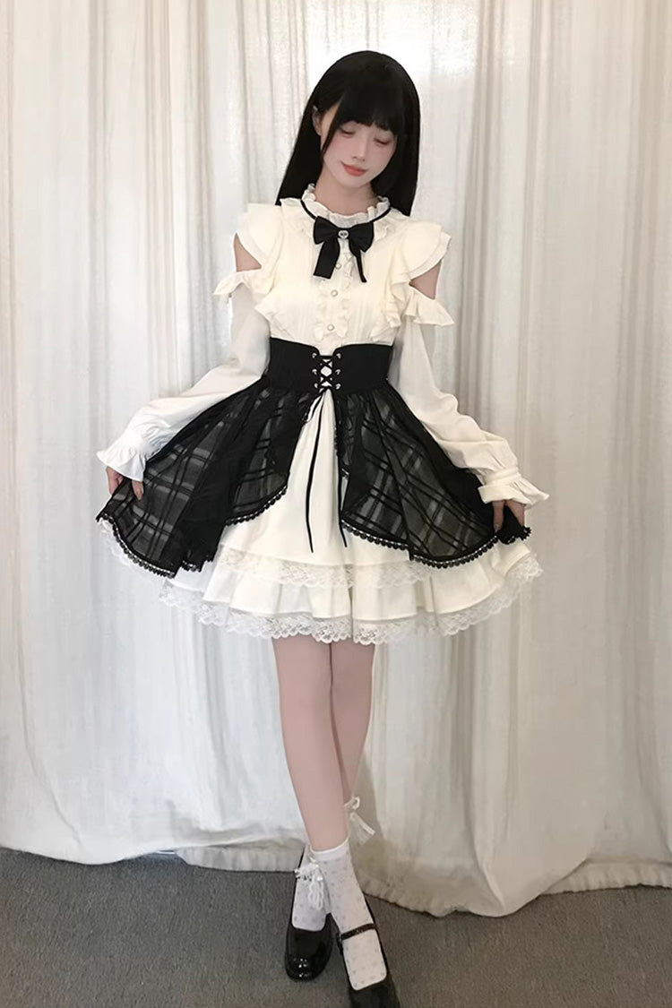 Black/Beige [Dark Chocolate Champagne] Stand Collar Off Shoulder Long Sleeves Double-Layered Ruffled Sweet Japanese Lolita Dress